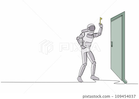 Continuous one line drawing astronaut lifting key in front of door. Spaceman hold key to open space room. Starting spaceship expedition. Cosmonaut outer space. Single line design vector illustration Continuous one line drawing astronaut lifting key in front of door. Spaceman hold key to open space room. Starting spaceship expedition. Cosmonaut outer space. Single line design vector illustration 109454037