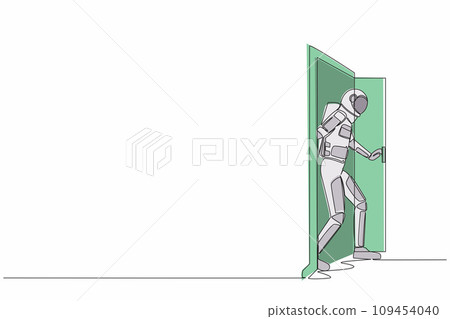 Continuous one line drawing astronaut walking through an open door frame in moon surface. New space interstellar expedition. Cosmonaut outer space. Single line draw graphic design vector illustration 109454040
