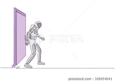 Single continuous line drawing of young astronaut walking and leaving closed door in moon surface. New space interstellar expedition. Cosmonaut deep space. One line graphic design vector illustration Single continuous line drawing of young astronaut walking and leaving closed door in moon surface. New space interstellar expedition. Cosmonaut deep space. One line graphic design vector illustration 109454041