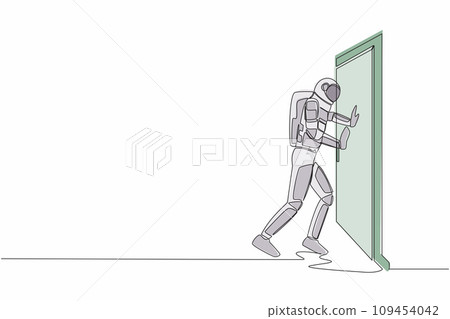 Continuous one line drawing of astronaut pushes closed door on wooden door frame. Metaphor to facing problem. Space exploration struggle. Cosmonaut outer space. Single line design vector illustration 109454042