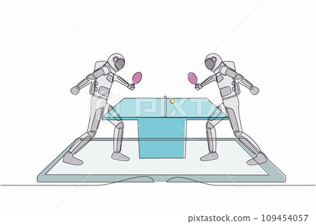 Single continuous line of drawing table tennis court with two astronaut players on smartphone screen. Professional sports competition. Cosmonaut deep space. One line graphic design vector illustration 109454057