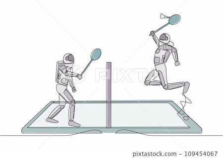 Single one line drawing badminton court with two astronaut players hitting shuttlecock with their racquets on smartphone screen. Cosmic galaxy space concept. Continuous line design vector illustration 109454067