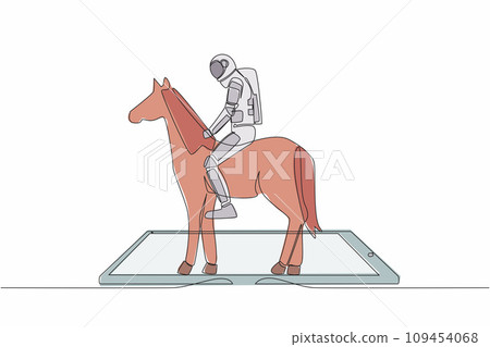 Continuous one line drawing young astronaut riding horse on smartphone screen. Racing horse with jockey. Equestrian online sport. Cosmonaut outer space. Single line graphic design vector illustration 109454068