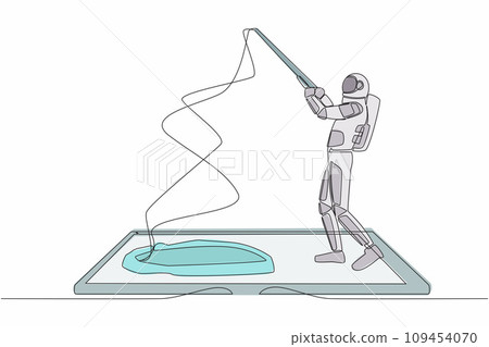 Single continuous line drawing astronaut fishing on smartphone screen. Spaceman standing and fishing with rod. Fisherman mobile app. Cosmonaut deep space. One line graphic design vector illustration 109454070