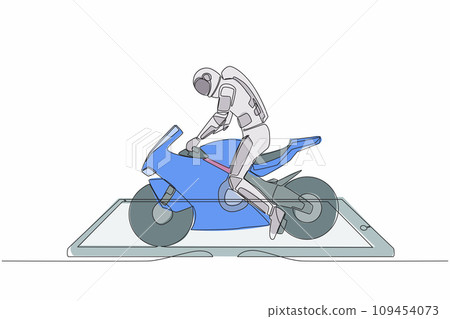 Continuous one line drawing young astronaut biker wearing helmet, riding motorcycle on smartphone screen. Online sport bike. Cosmonaut outer space. Single line draw graphic design vector illustration 109454073