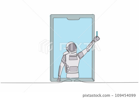 Continuous one line drawing of astronaut soccer referee showing yellow card out of smartphone screen. Smartphone with app soccer football. Cosmonaut outer space. Single line design vector illustration 109454099