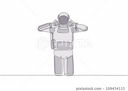 Continuous one line drawing young astronaut standing with two thumbs up gesture. Deal, like, agree, approve, accept. Cosmonaut outer space concept. Single line draw graphic design vector illustration 109454115