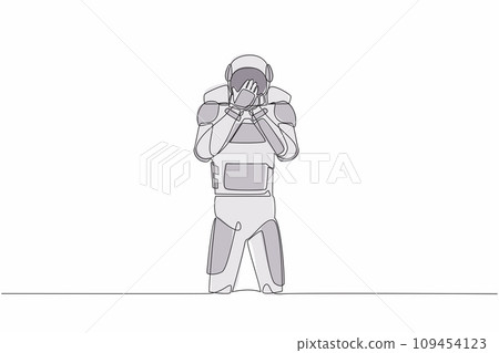 Continuous one line drawing young astronaut standing with covering mouth with hands, shocked with shame for mistake. Cosmonaut outer space concept. Single line draw graphic design vector illustration Continuous one line drawing young astronaut standing with covering mouth with hands, shocked with shame for mistake. Cosmonaut outer space concept. Single line draw graphic design vector illustration 109454123