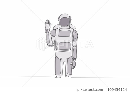 Single continuous line drawing young astronaut standing with palm as stop signal, stay, hold, rejection gesture. Cosmonaut deep space concept. Dynamic one line draw graphic design vector illustration Single continuous line drawing young astronaut standing with palm as stop signal, stay, hold, rejection gesture. Cosmonaut deep space concept. Dynamic one line draw graphic design vector illustration 109454124