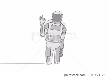 Single continuous line drawing young astronaut gesturing ok sign with fingers in moon surface. Okay sign gesture. Future technology. Cosmonaut deep space. One line graphic design vector illustration Single continuous line drawing young astronaut gesturing ok sign with fingers in moon surface. Okay sign gesture. Future technology. Cosmonaut deep space. One line graphic design vector illustration 109454125
