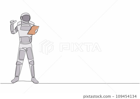 Single continuous line drawing young astronaut holding clipboard and showing thumbs up gesture in moon surface. Cosmonaut deep space concept. Dynamic one line draw graphic design vector illustration Single continuous line drawing young astronaut holding clipboard and showing thumbs up gesture in moon surface. Cosmonaut deep space concept. Dynamic one line draw graphic design vector illustration 109454134