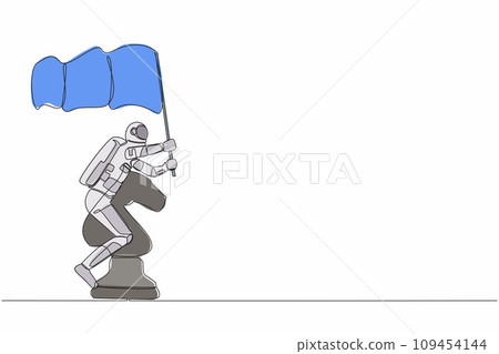 Single continuous line drawing young astronaut riding big chess horse knight piece and holding flag. Battle in space war interstellar. Cosmonaut deep space. One line graphic design vector illustration 109454144