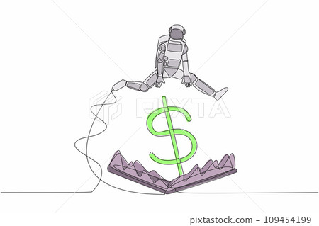 Single one line drawing astronaut jumping over money pitfall with big money dollar symbol. Financial trap in spaceship business. Cosmic galaxy space. Continuous line graphic design vector illustration 109454199