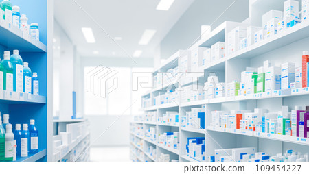 Pharmacy Background. Pharmacy blurred light tone with store drugs shelves interior background. Pharmacy medicine shelf in a row blurred background 109454227