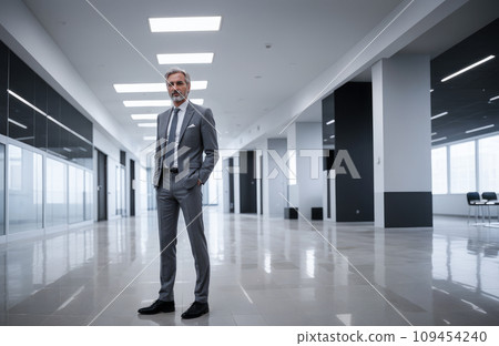 CEO manager, middle-aged man with gray hair in modern office. full body photo. business man ceo, successful confident happy male executive wearing suit standing in office looking at camera 109454240