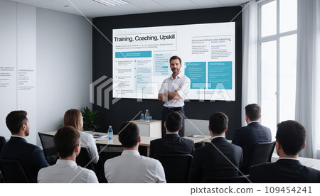 Presentation, training and coaching with businessman talking to an audience during workshop. Business Coach Presenter Speaks to Group of employee. Presentation, training and coaching with businessman talking to an audience during workshop. Business Coach Presenter Speaks to Group of employee. 109454241