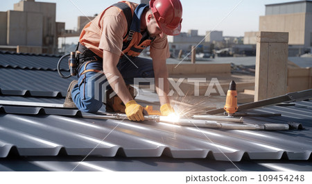 Roofer worker installing new roof under construction residential building. Construction workers working on roof installation and maintenance. 109454248
