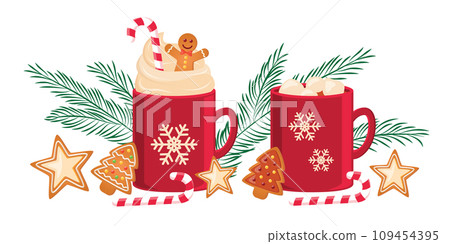 christmas winter cocoa drink cup set with gingerbread star and candy cane vector illustration EPS10 christmas winter cocoa drink cup set with gingerbread star and candy cane vector illustration EPS10 109454395