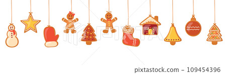 christmas card with hanging gingerbread cookies decoration isolated vector illustration EPS10 christmas card with hanging gingerbread cookies decoration isolated vector illustration EPS10 109454396