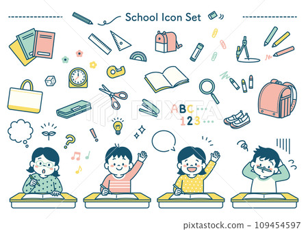Simple illustration of children studying at elementary school and stationery icon set 109454597