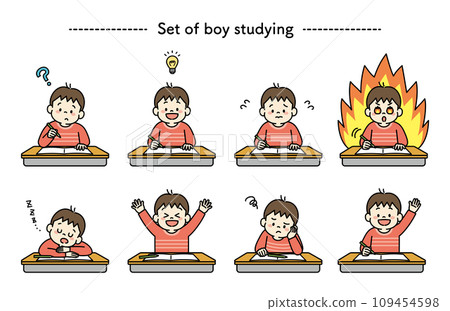 Illustration set of a boy studying at a desk Illustration set of a boy studying at a desk 109454598