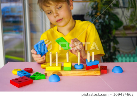 eco wooden toys. The child collects a sorter. Educational logic toys for kids. Games for Child Development 109454662