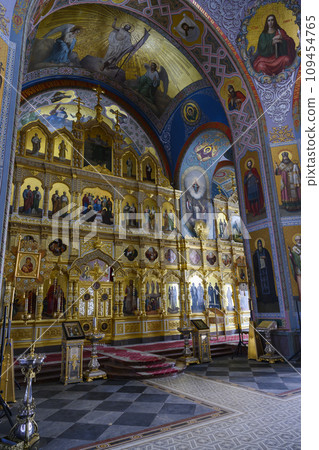Interior of Transfiguration Cathedral with altar and paintings on the island of Valaam in Karelia 109454765