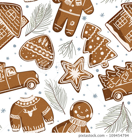Christmas gingerbread cookies with doodle icing and pine branches seamless pattern, vector illustration. House, car, sweater, star, ginger man, and tree. New Year Eve pattern 109454794