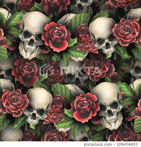 Human skulls realistic with black and red roses, green leaves and black branches. Hand drawn watercolor illustration. Dark, creepy seamless pattern for decoration and design of background. 109454803