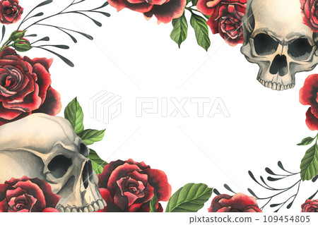 Human skulls realistic with black and red roses, green leaves and black branches. Hand drawn watercolor illustration. Creepy frame, template for decoration and design on a white background Human skulls realistic with black and red roses, green leaves and black branches. Hand drawn watercolor illustration. Creepy frame, template for decoration and design on a white background 109454805