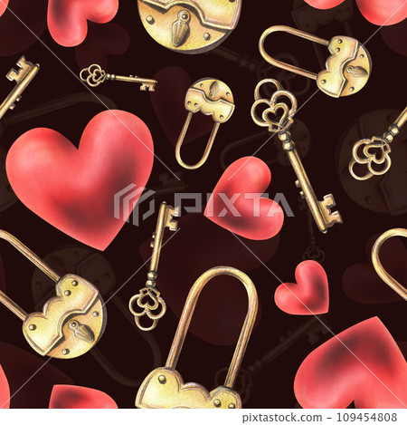 Gold metal padlock with a hole and key heart shape, red hearts. Hand drawn watercolor illustration. Seamless pattern on a dark background Gold metal padlock with a hole and key heart shape, red hearts. Hand drawn watercolor illustration. Seamless pattern on a dark background 109454808