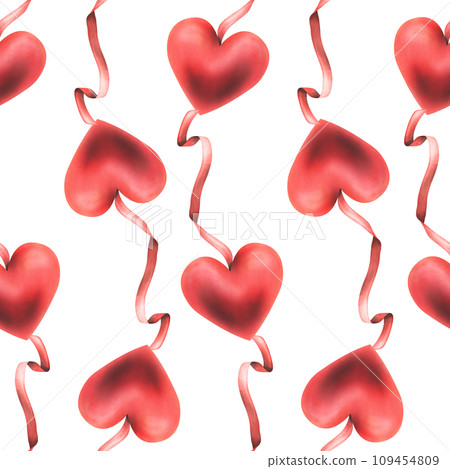 Red volumetric heart like that with red ribbons. Hand drawn watercolor illustration for weddings, Valentine's day, romance, cards, posters, decorations. Seamless pattern on a white background. 109454809