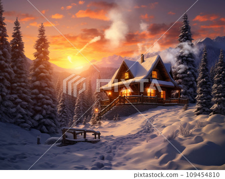 [AI generated image/AI illustration] Mountain hut in the snowy mountains illuminated by the setting sun 109454810