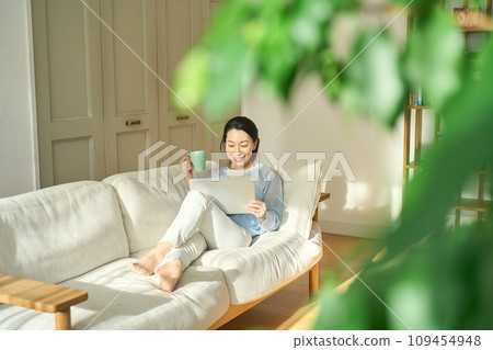 A woman lying on the sofa and working on a computer 109454948