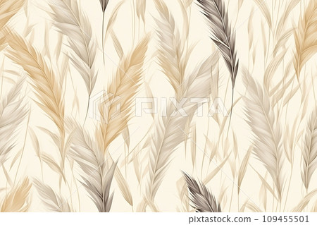 AI-generated content. Elegant seamless pattern of pampas grass in neutral tones on a beige background, perfect for sophisticated wallpapers and chic textile designs. Repeatable texture. Generative AI. 109455501
