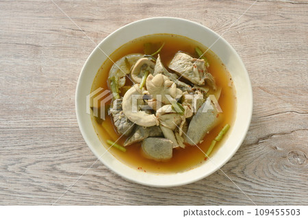 boiled hot and spicy soup with pork entrails on plate 109455503