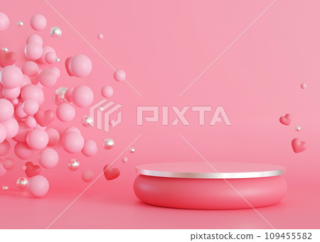 Pink and silver podium with hearts and bubbles. Valentine's Day, Mother's Day. Podium for product, cosmetic presentation. Mock up. Pedestal or platform for beauty products. Stage with copy space. 3D. 109455582