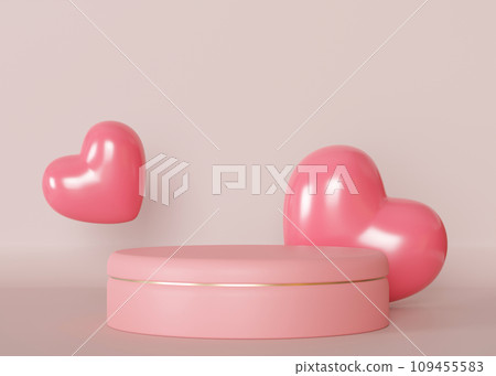 A minimalist composition featuring two glossy pink hearts and a round platform with a golden rim on a pastel pink background, perfect for Valentine's Day themes. Stage, podium with copy space. 3D. 109455583