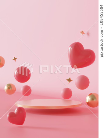 Flying podium with hearts, stars and bubbles. Valentine's Day, Mother's Day. Podium for product, cosmetic presentation. Mock up. Pedestal or platform for beauty products. Stage with copy space. 3D. 109455584