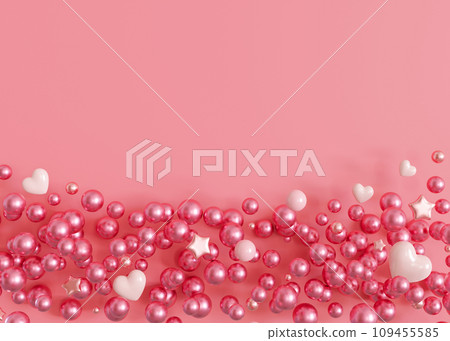 Pink background with hearts, bubbles and copy space. Valentine's Day, Woman's, Mother's Day backdrop. Empty space for advertising text, invitation, logo. Postcard, greeting card design. Love. 3D. 109455585