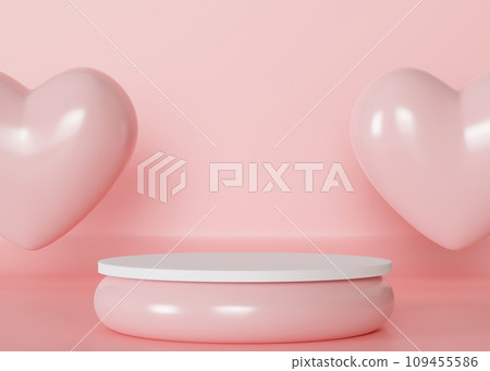 Pink and white podium with hearts. Valentine's Day, Mother's Day, Wedding. Podium for product, cosmetic presentation. Mock up. Pedestal or platform for beauty products. Stage with copy space. 3D. Pink and white podium with hearts. Valentine's Day, Mother's Day, Wedding. Podium for product, cosmetic presentation. Mock up. Pedestal or platform for beauty products. Stage with copy space. 3D. 109455586