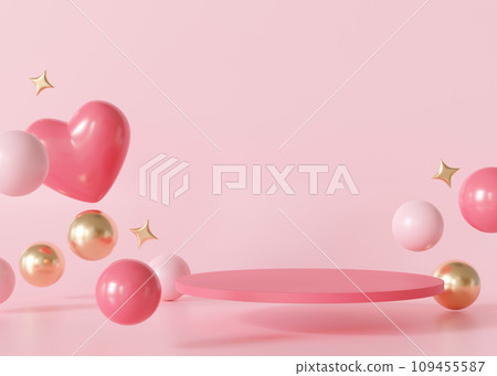 Pink podium with hearts, stars and bubbles. Valentine's Day, Mother's Day. Podium for product, cosmetic presentation. Mock up. Pedestal or platform for beauty products. Stage with copy space. 3D. 109455587