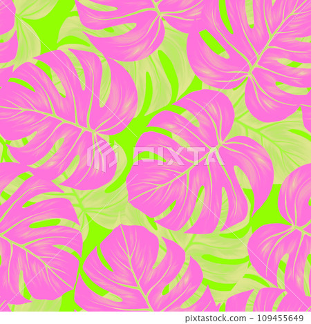 Monstera leaf seamless pattern. Colorful vivid print with beautiful palm jungle leaves. Repeated luxury design for packaging, cosmetic, fashion, textile, wallpaper. Realistic high quality illustration Monstera leaf seamless pattern. Colorful vivid print with beautiful palm jungle leaves. Repeated luxury design for packaging, cosmetic, fashion, textile, wallpaper. Realistic high quality illustration 109455649