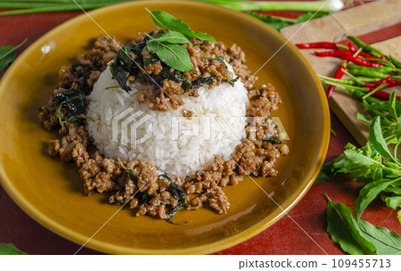 Minced pork with basil over rice is a Thai food that is popular among Thai people Minced pork with basil over rice is a Thai food that is popular among Thai people 109455713