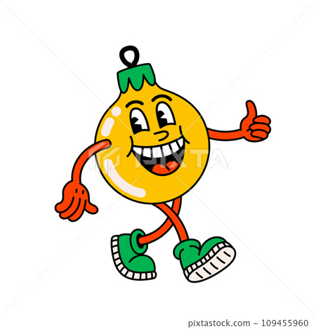 Retro cartoon red Christmas ball Groovy vintage 70s funny ball character with arms and legs walking Retro cartoon red Christmas ball Groovy vintage 70s funny ball character with arms and legs walking 109455960