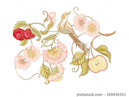 Fantasy flowers and bird, decorative flowers 109456301