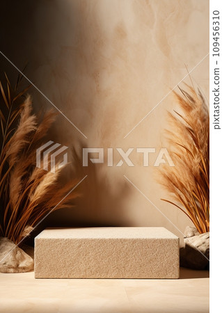 AI-generated content. Podium with pampas grass. Mock up for product, cosmetic presentation. Natural colors. Platform for beauty products. Empty scene. Stage, display, showcase. Podium with copy space 109456310