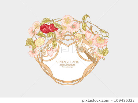 Decorative apple, flowers and bird in art nouveau style 109456322