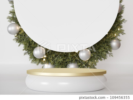Golden podium with Christmas decoration on the background. Xmas mood. Elegant scene for product, cosmetic. Luxury mock up. Pedestal, platform. Festive, sophisticated holiday atmosphere. 3D render. Golden podium with Christmas decoration on the background. Xmas mood. Elegant scene for product, cosmetic. Luxury mock up. Pedestal, platform. Festive, sophisticated holiday atmosphere. 3D render. 109456355
