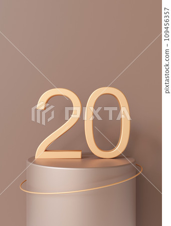 Golden number twenty standing on podium on brown background. Symbol 20. Invitation for a twentieth birthday party, business anniversary. Festive event. Vertical picture. 3D render. Golden number twenty standing on podium on brown background. Symbol 20. Invitation for a twentieth birthday party, business anniversary. Festive event. Vertical picture. 3D render. 109456357